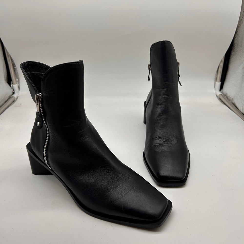 EOS As You Are Black Leather Square Toe Block Heel Ankle Boots Size 36 EU